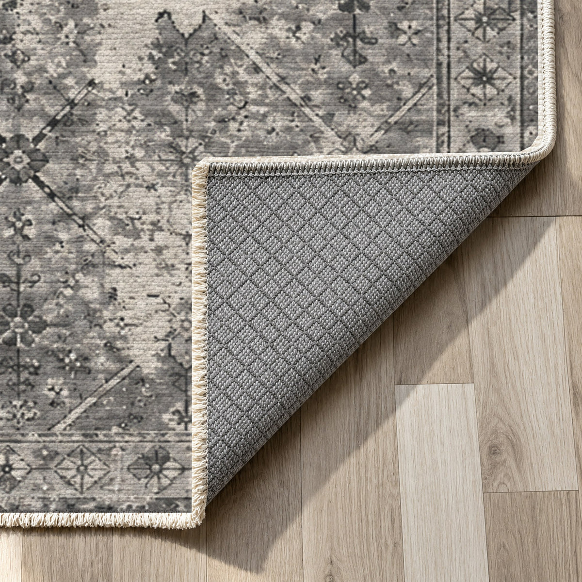 Ghost Lattice Charcoal Silver Vintage Washable Rug — backing close up