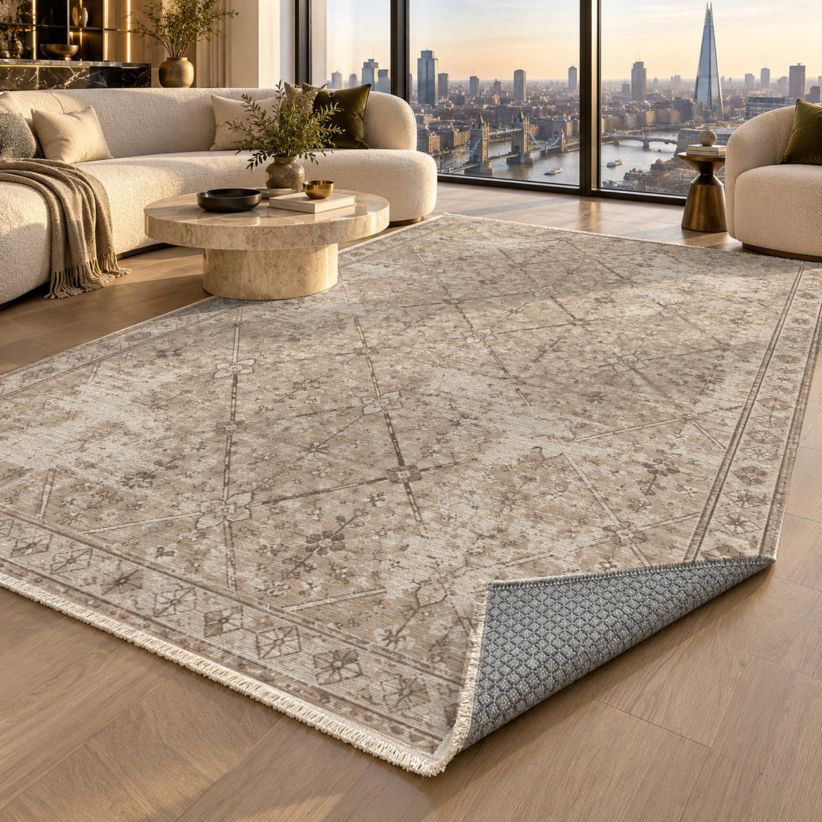 Ghost Lattice Ivory Taupe Vintage Washable Rug — london luxury living