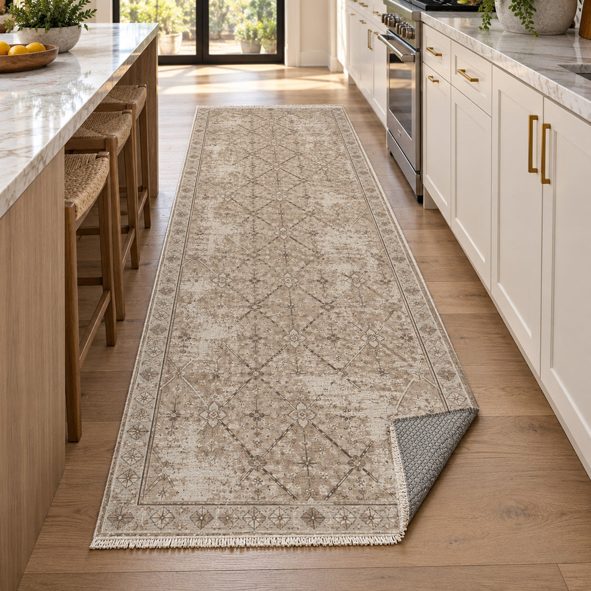 Ghost Lattice Ivory Taupe Vintage Washable Rug — new york kitchen runner