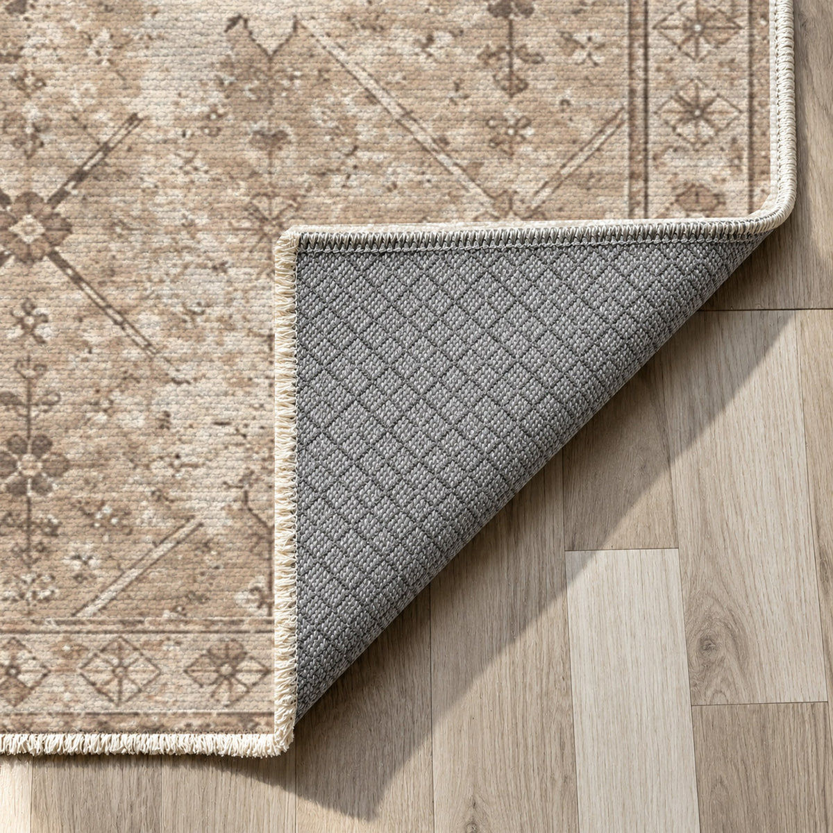 Ghost Lattice Ivory Taupe Vintage Washable Rug — backing close up