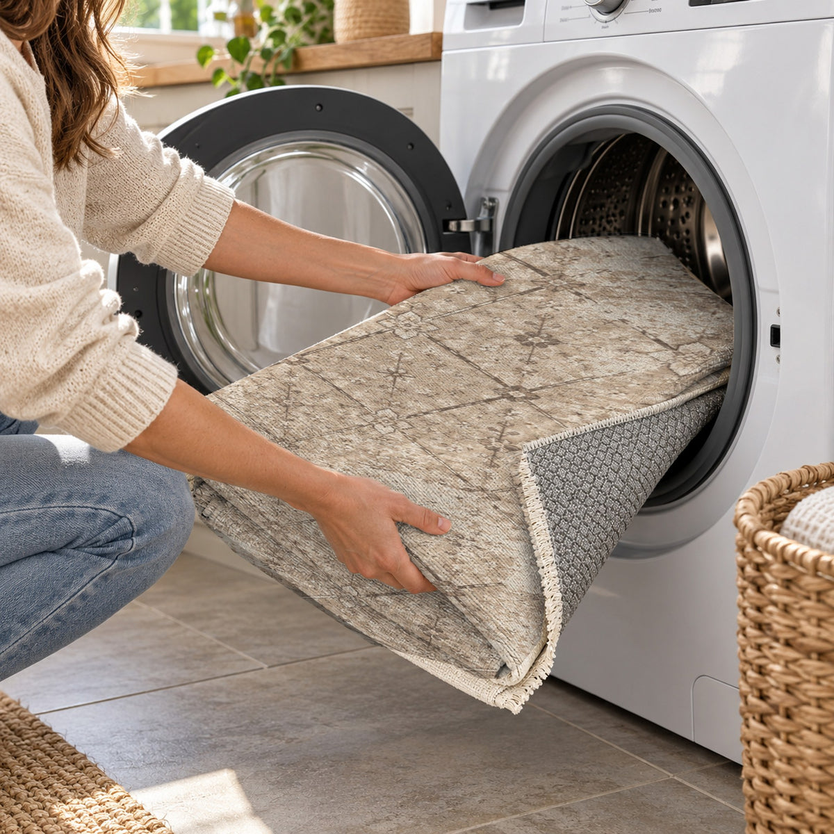Ghost Lattice Ivory Taupe Vintage Washable Rug — washing machine