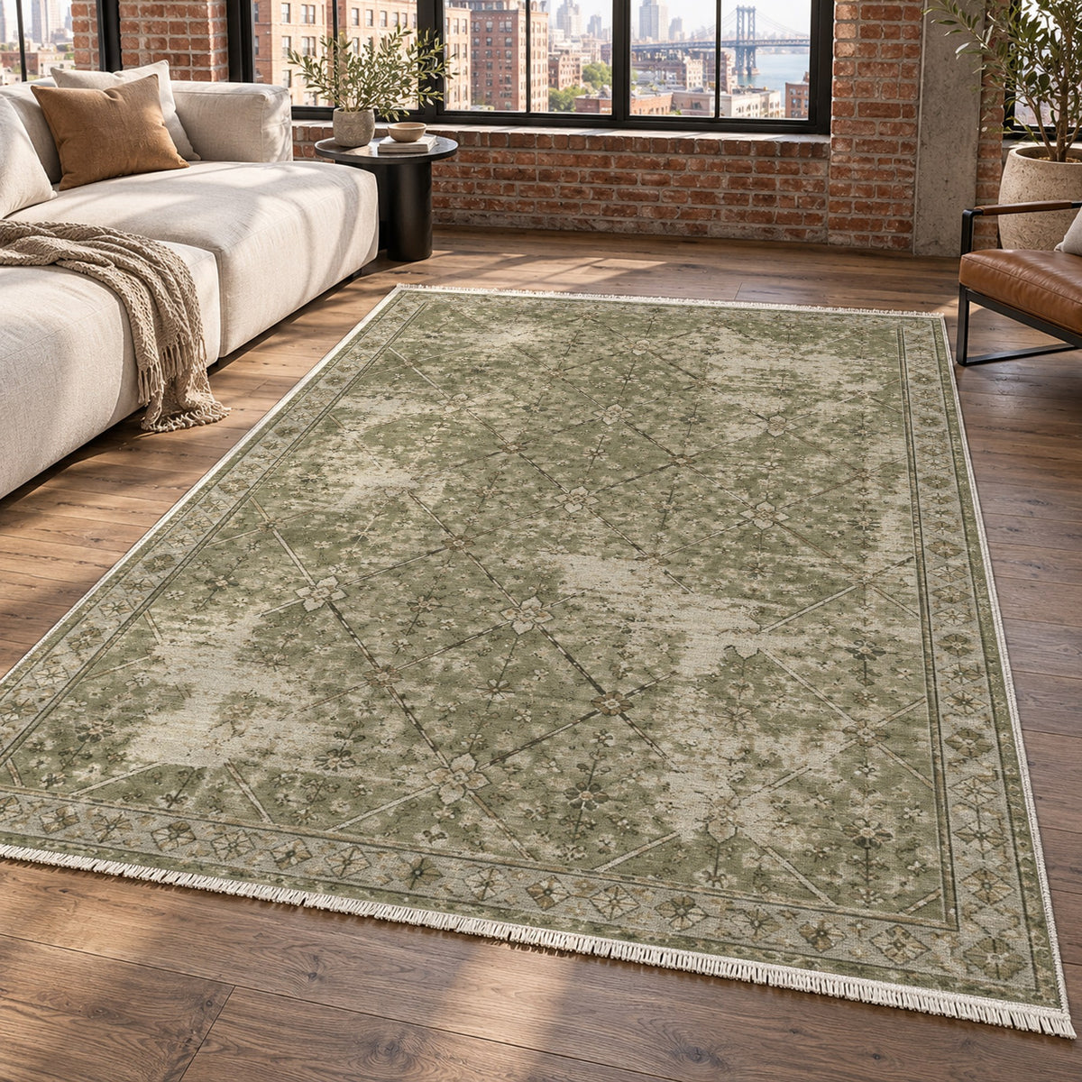 Ghost Lattice Olive Green Vintage Washable Rug — new york living