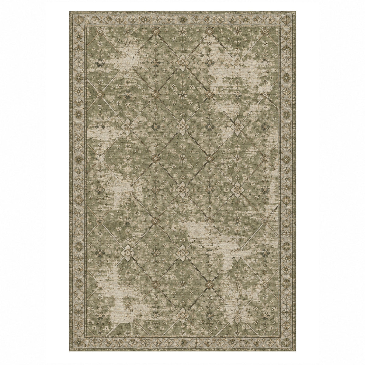 Ghost Lattice Olive Green Vintage Washable Rug — top view