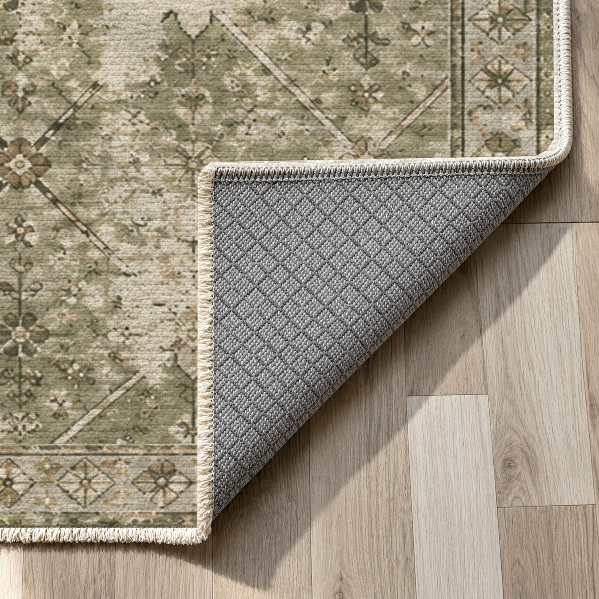 Ghost Lattice Olive Green Vintage Washable Rug — backing close up