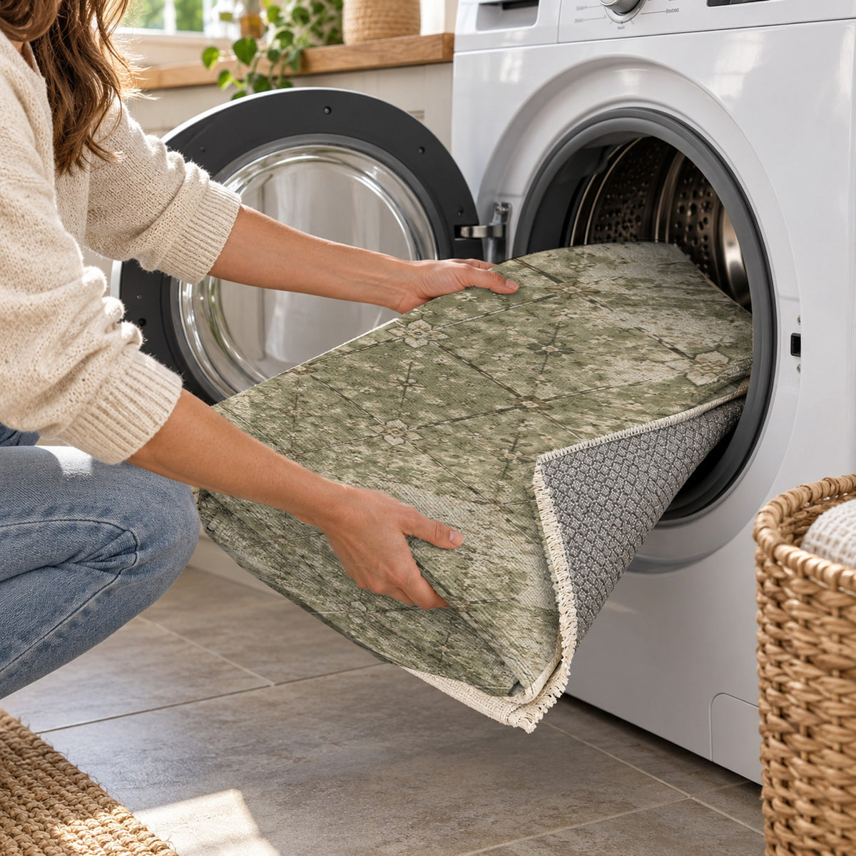 Ghost Lattice Olive Green Vintage Washable Rug — washing machine
