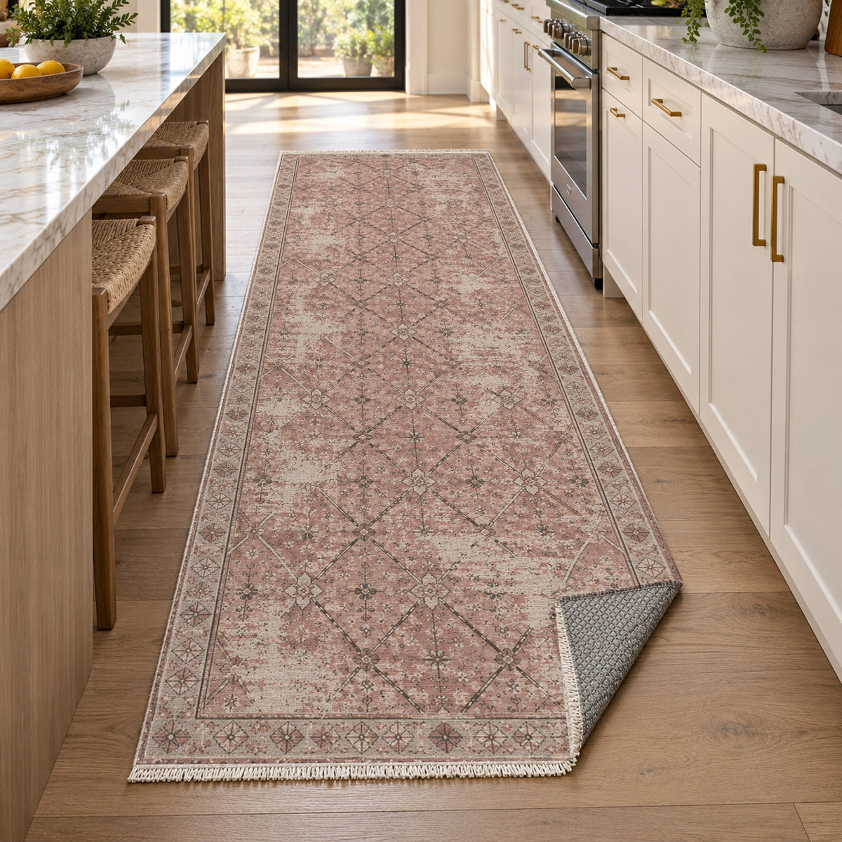 Ghost Lattice Rose Pink Vintage Washable Rug — new york kitchen runner