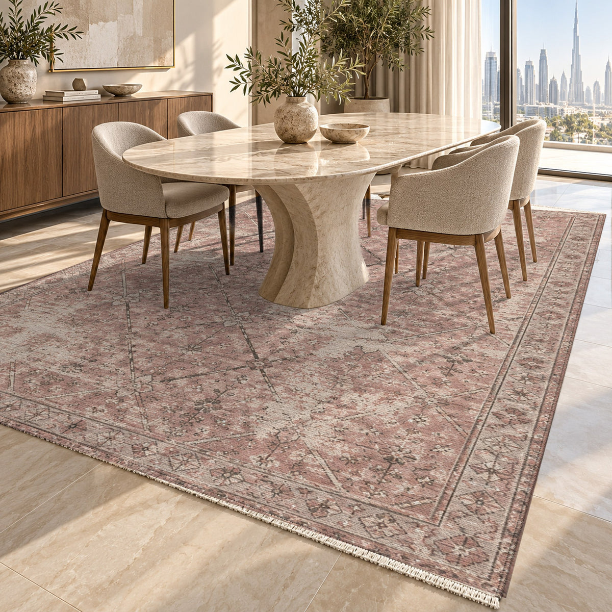 Ghost Lattice Rose Pink Vintage Washable Rug — dubai dining