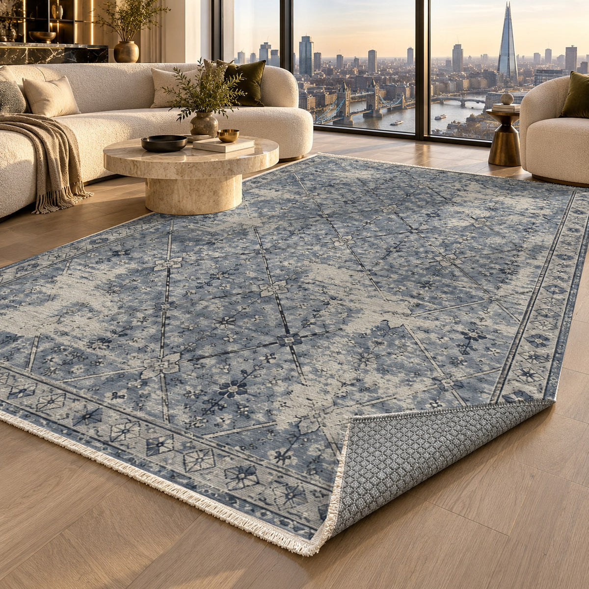 Ghost Lattice Slate Blue Vintage Washable Rug — london luxury living