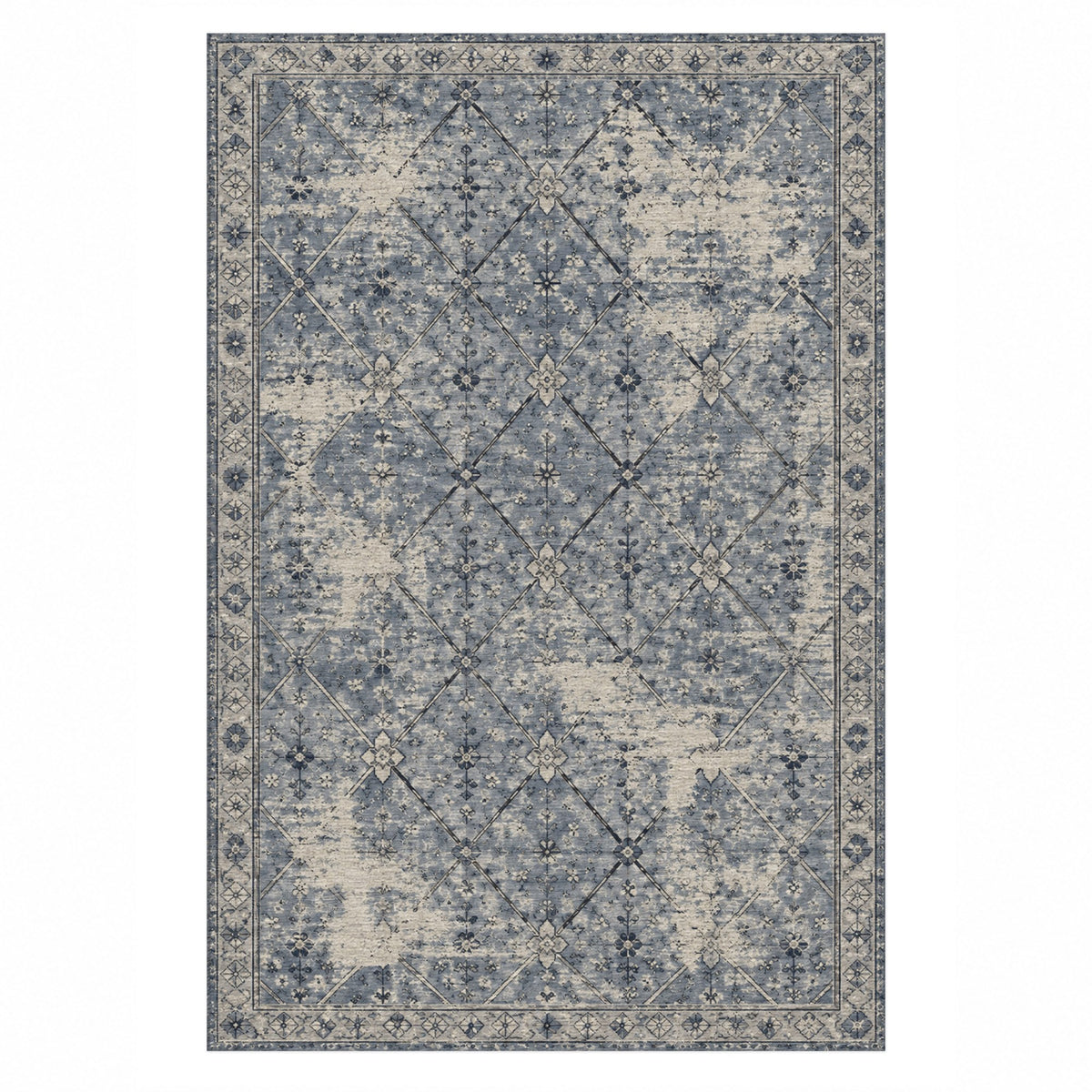 Ghost Lattice Slate Blue Vintage Washable Rug — top view