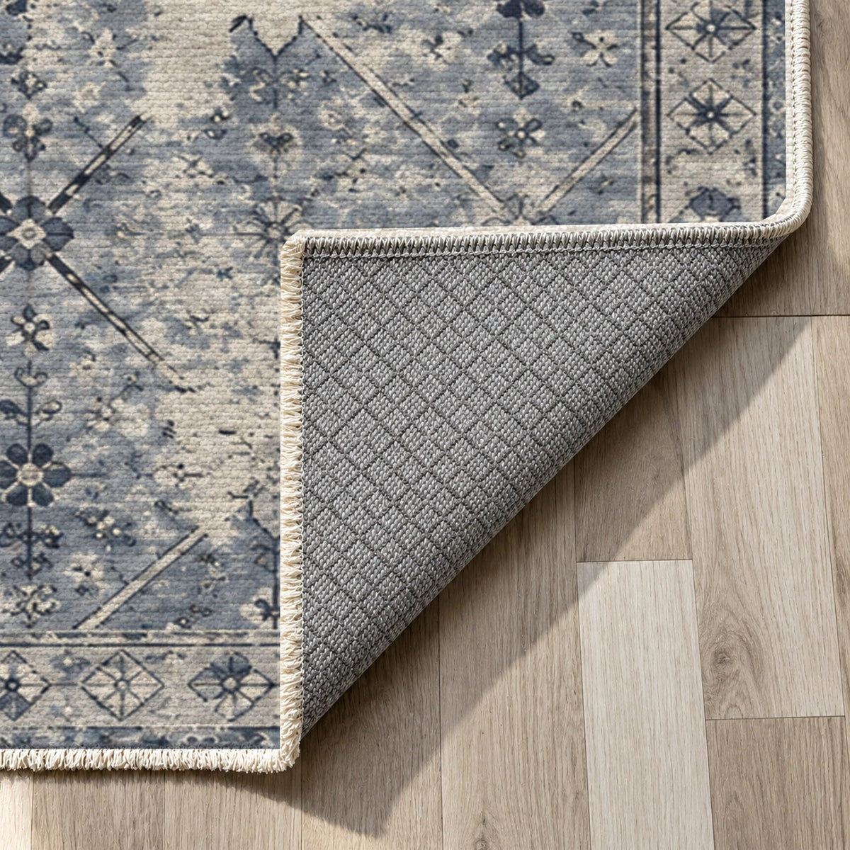 Ghost Lattice Slate Blue Vintage Washable Rug — backing close up