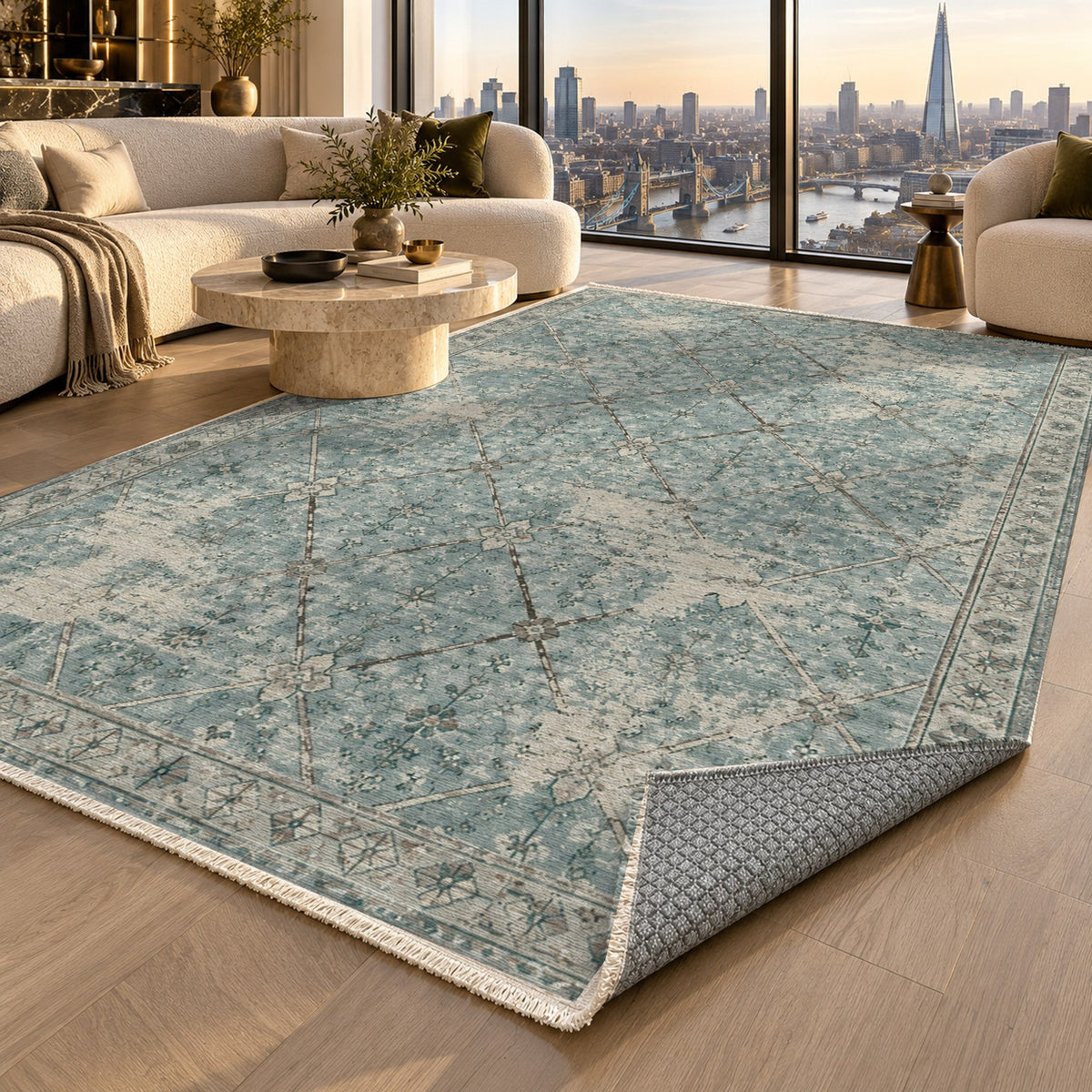 Ghost Lattice Turquoise Blue Vintage Washable Rug — london luxury living