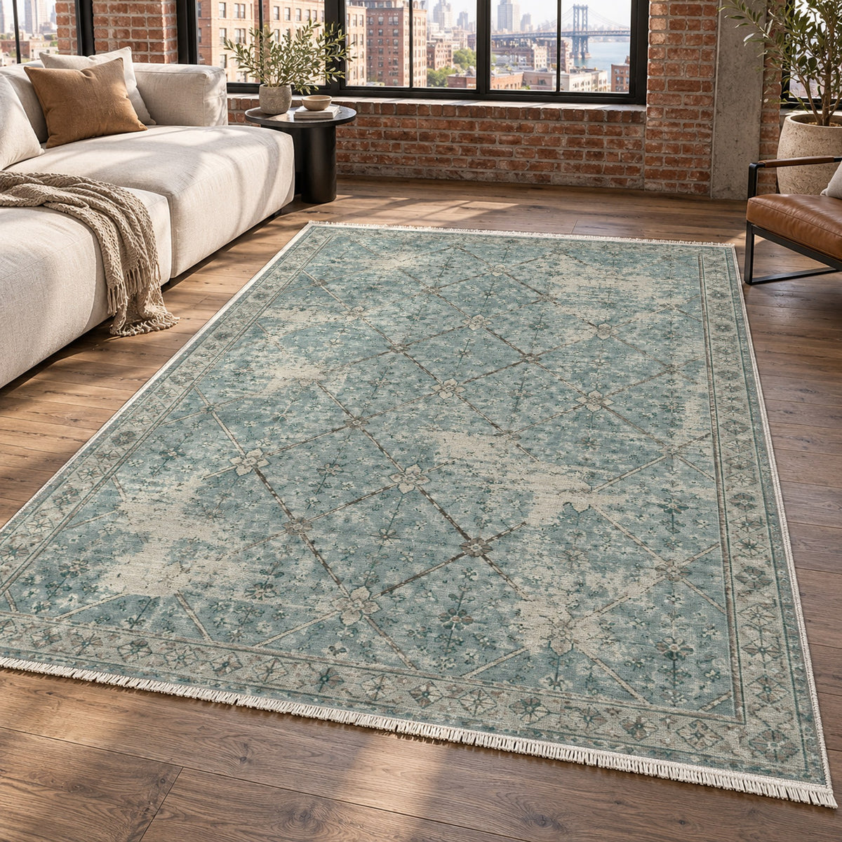 Ghost Lattice Turquoise Blue Vintage Washable Rug — new york living