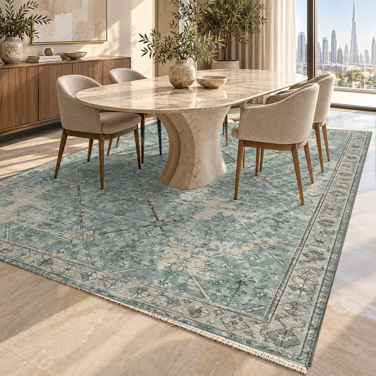 Ghost Lattice Turquoise Blue Vintage Washable Rug — dubai dining