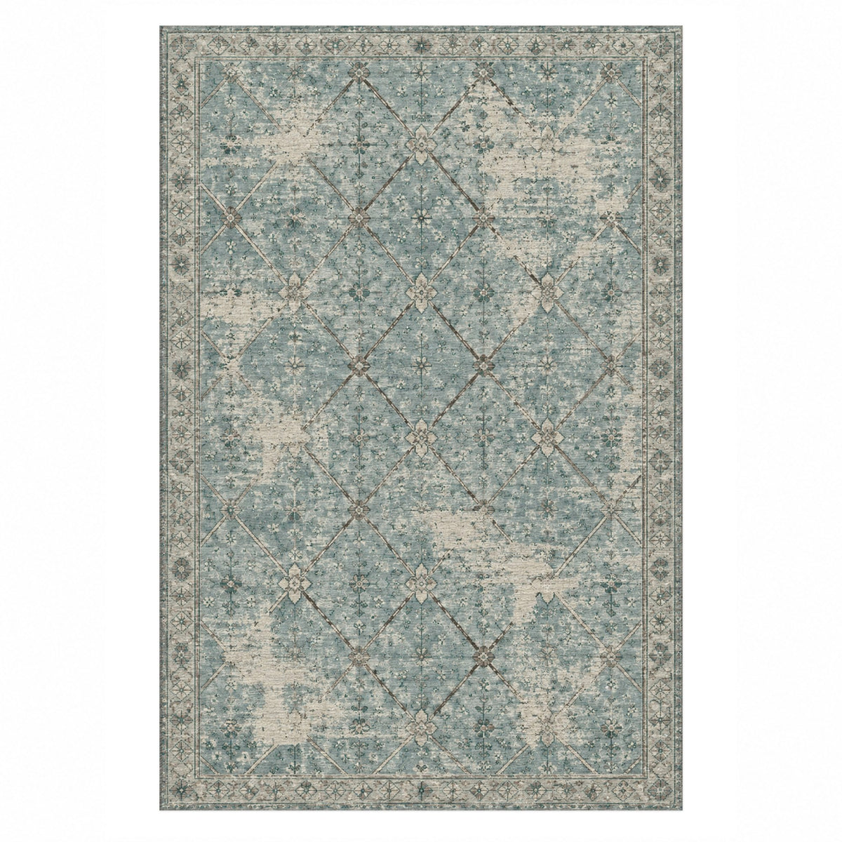 Ghost Lattice Turquoise Blue Vintage Washable Rug — top view