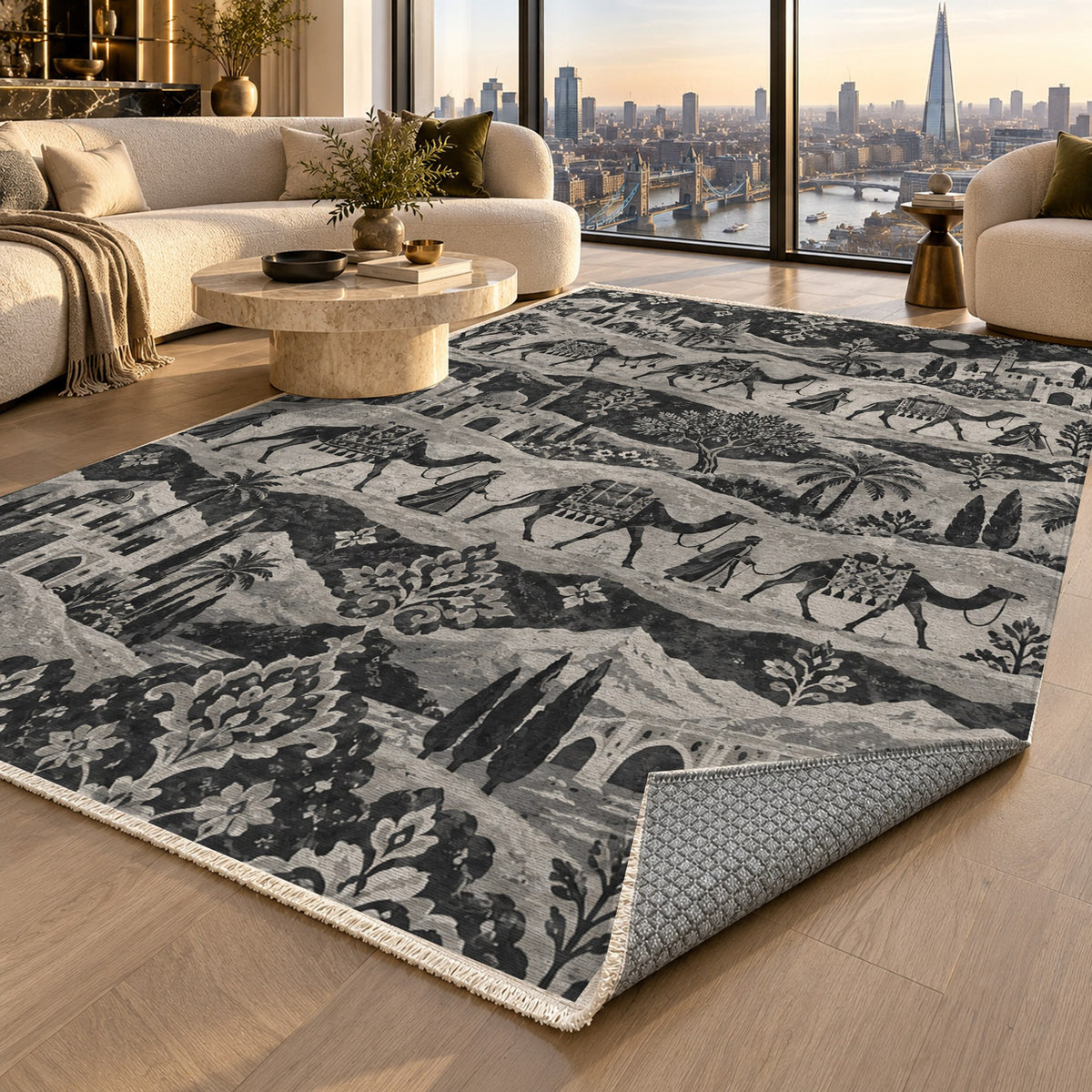Golden Caravan Charcoal Ethnic Washable Rug — london luxury living