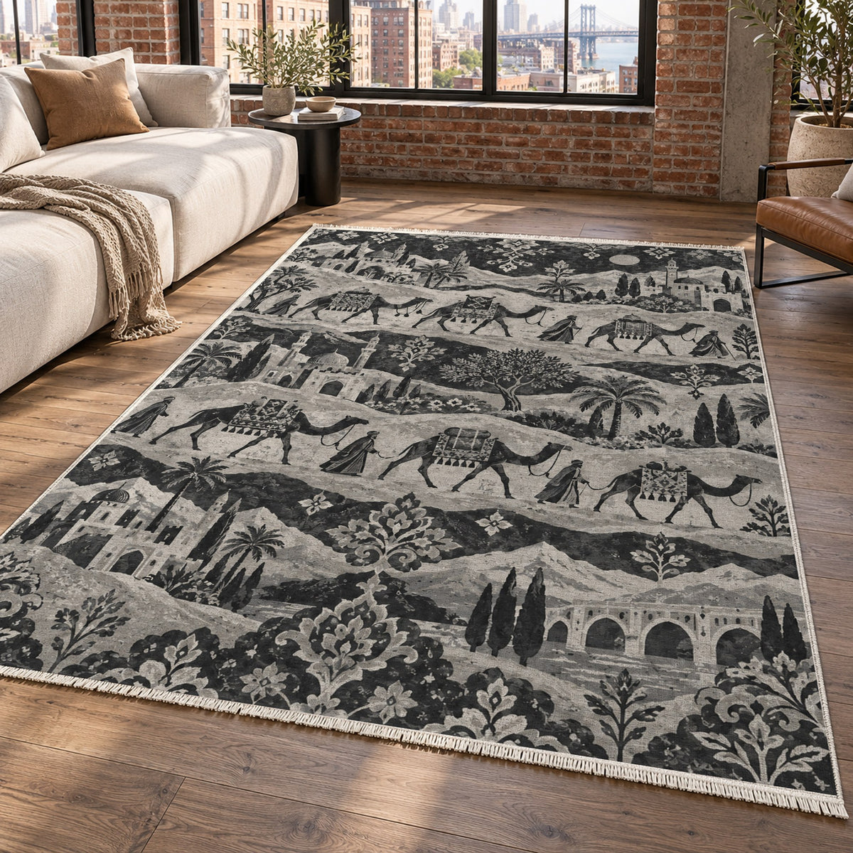 Golden Caravan Charcoal Ethnic Washable Rug — new york living