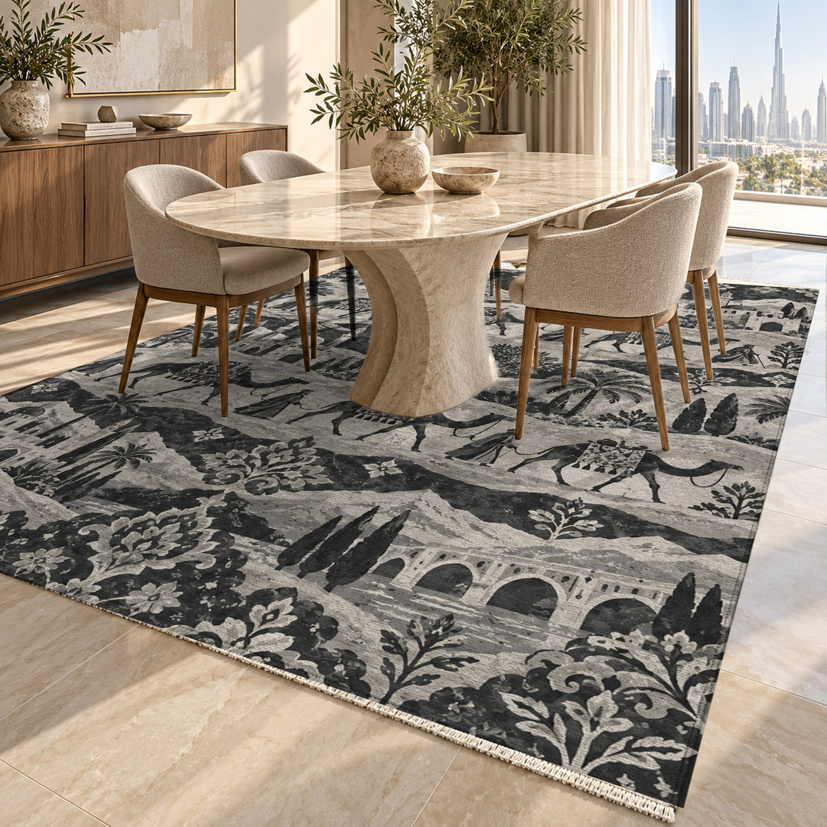 Golden Caravan Charcoal Ethnic Washable Rug — dubai dining