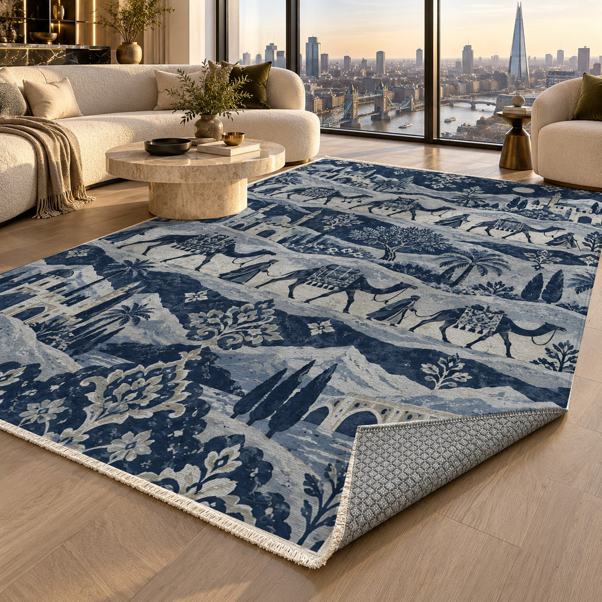 Golden Caravan Indigo Ethnic Washable Rug — london luxury living