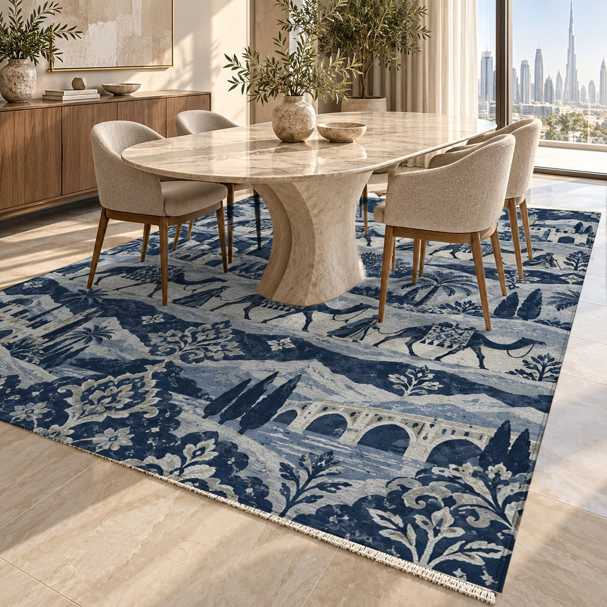 Golden Caravan Indigo Ethnic Washable Rug — dubai dining