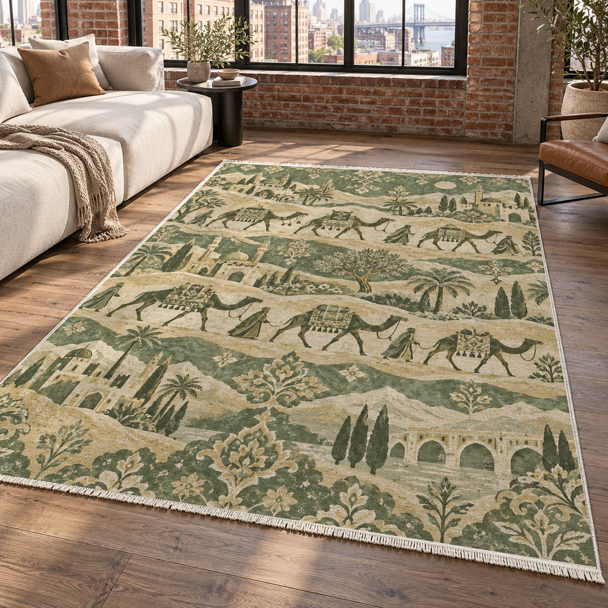 Golden Caravan Sage Ethnic Washable Rug — new york living