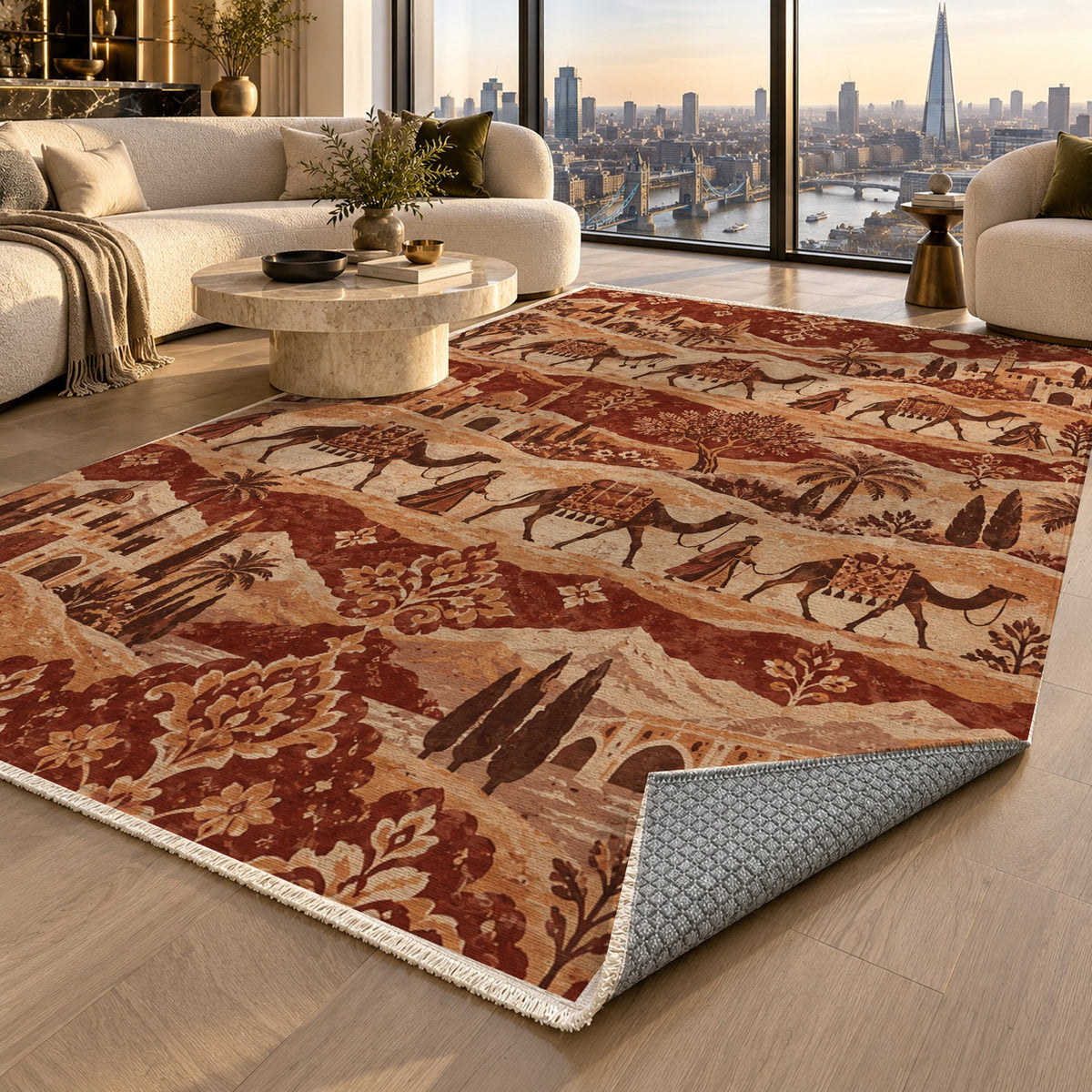 Golden Caravan Terracotta Ethnic Washable Rug — london luxury living