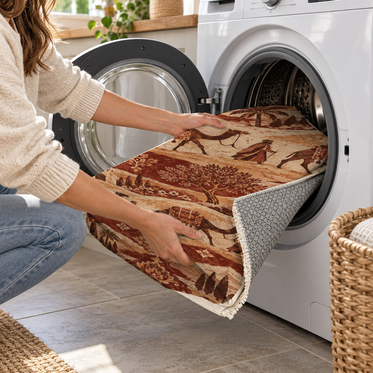 Golden Caravan Terracotta Ethnic Washable Rug — washing machine