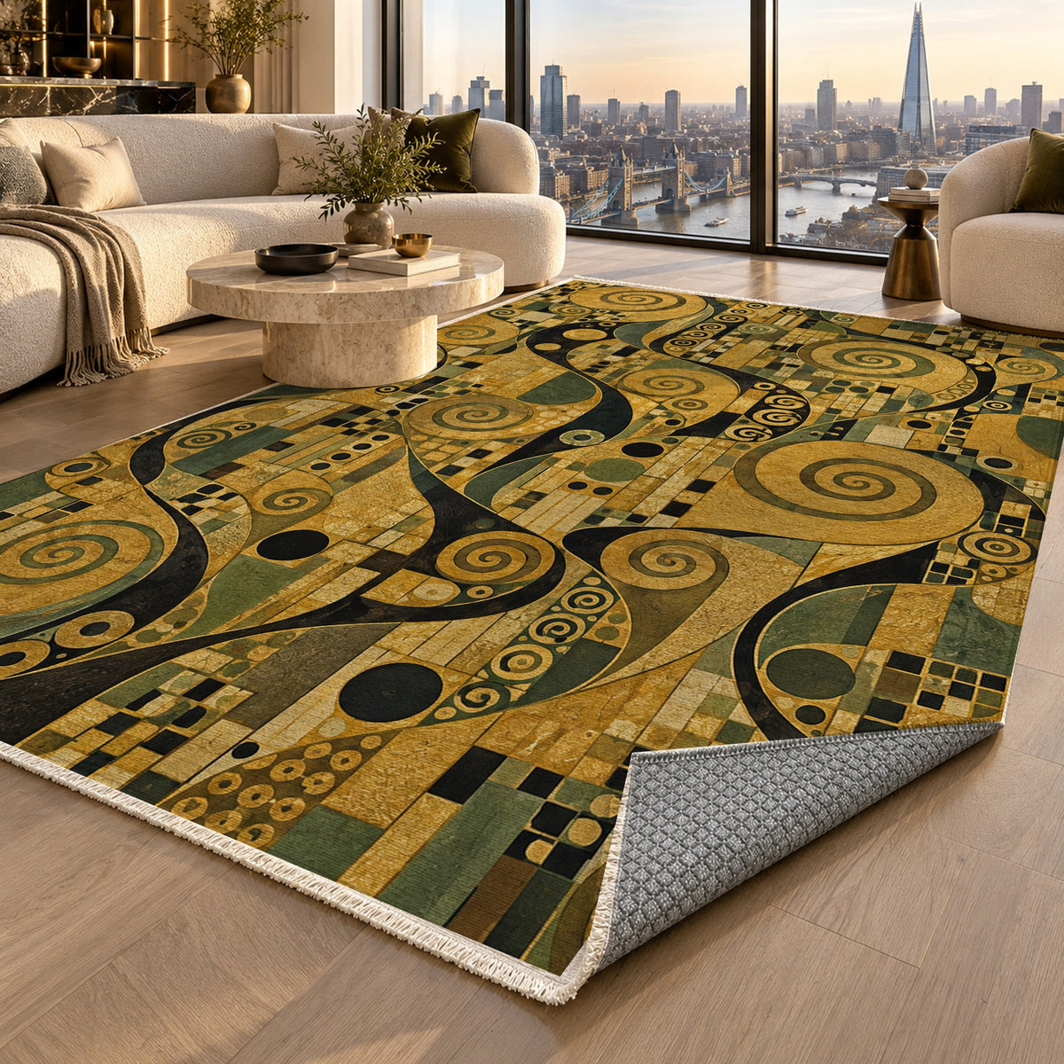 Golden Mosaic Abstract Washable Rug — london luxury living