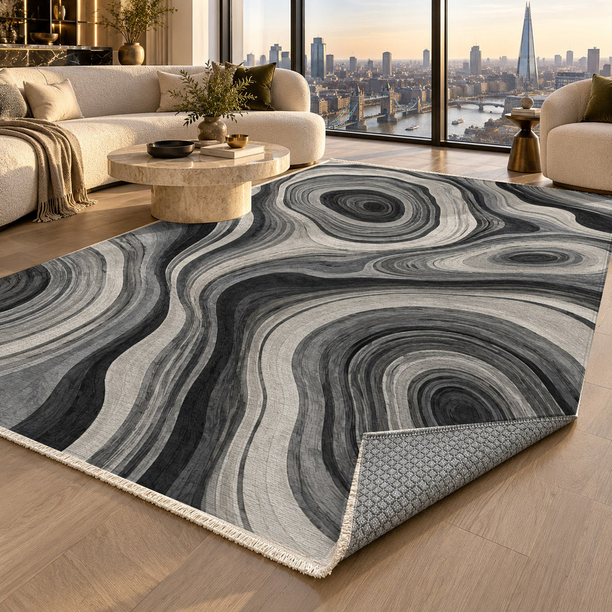 Growth Rings Charcoal Floral Washable Rug — london luxury living