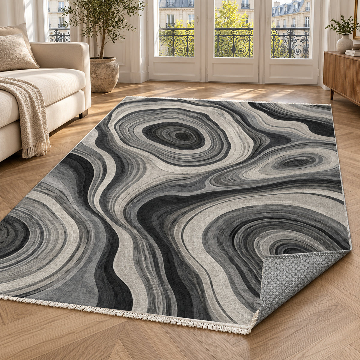 Growth Rings Charcoal Floral Washable Rug — paris living