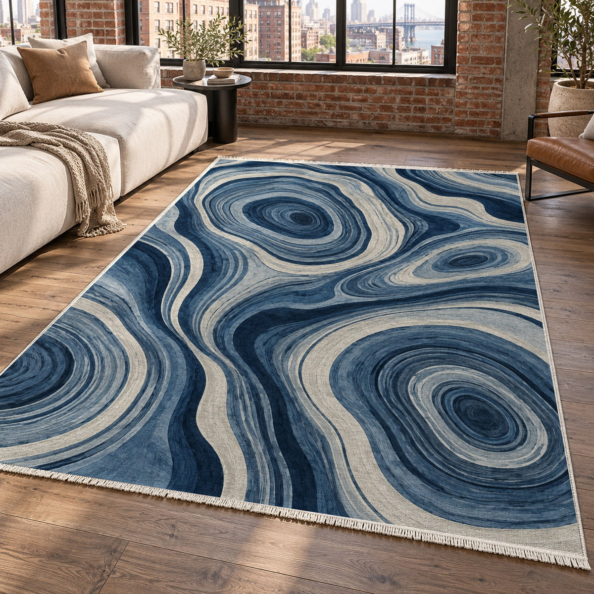 Growth Rings Indigo Floral Washable Rug — new york living