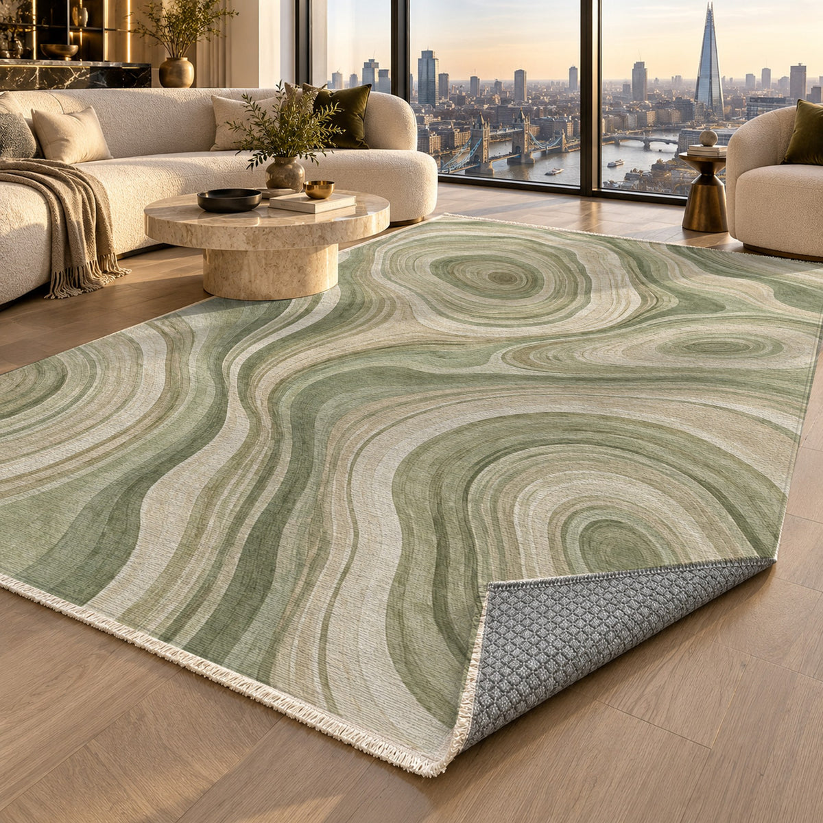 Growth Rings Sage Floral Washable Rug — london luxury living
