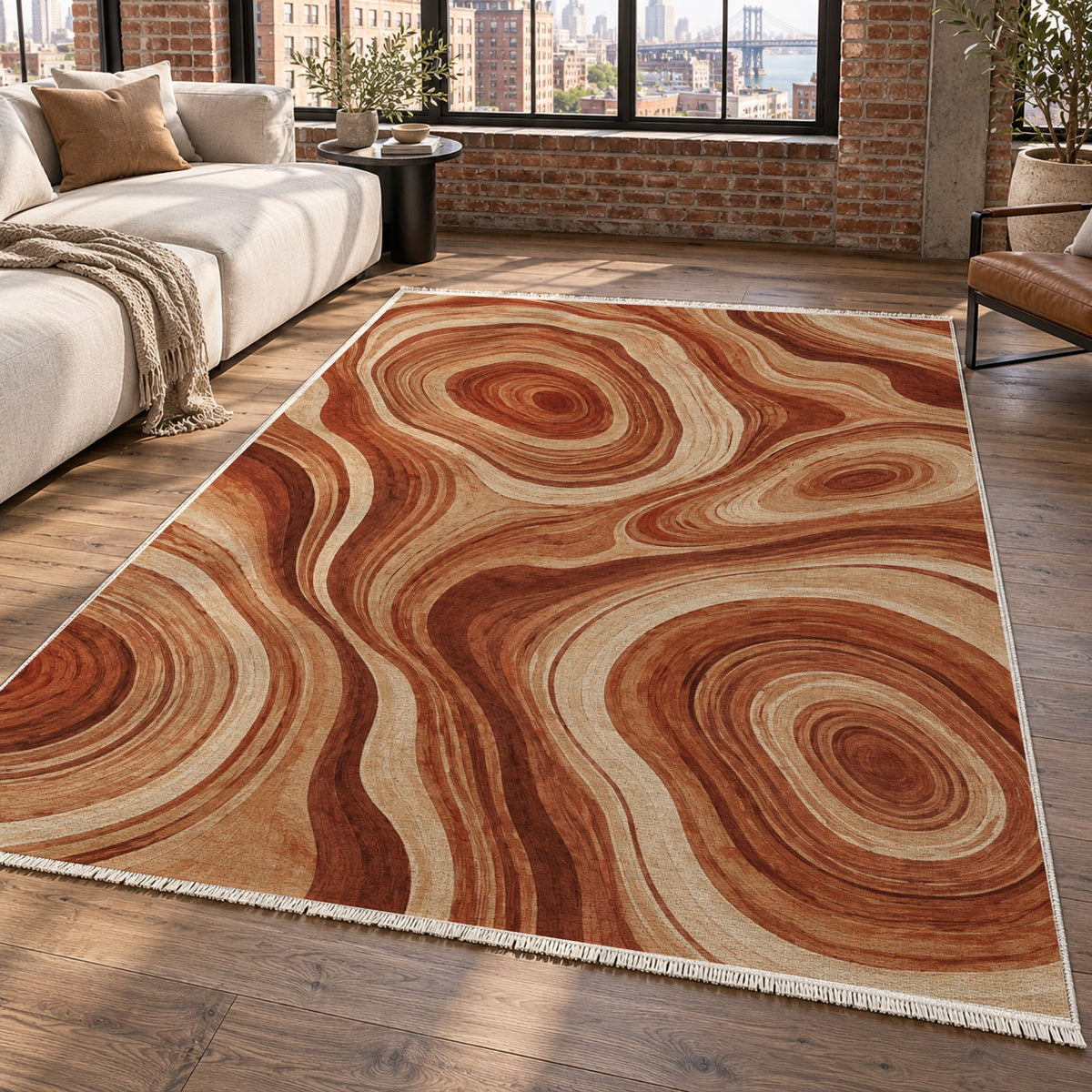 Growth Rings Terracotta Floral Washable Rug — new york living