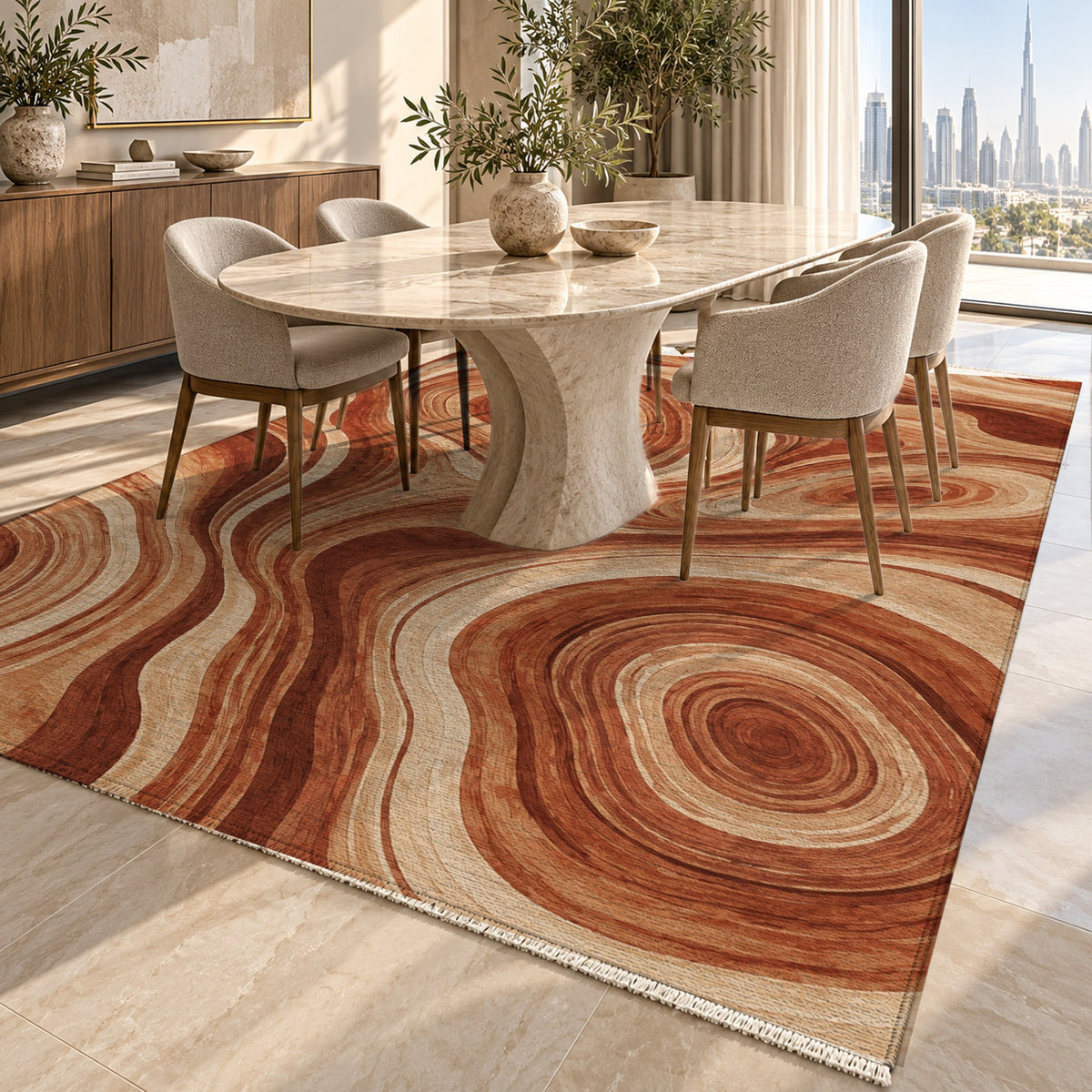 Growth Rings Terracotta Floral Washable Rug — dubai dining