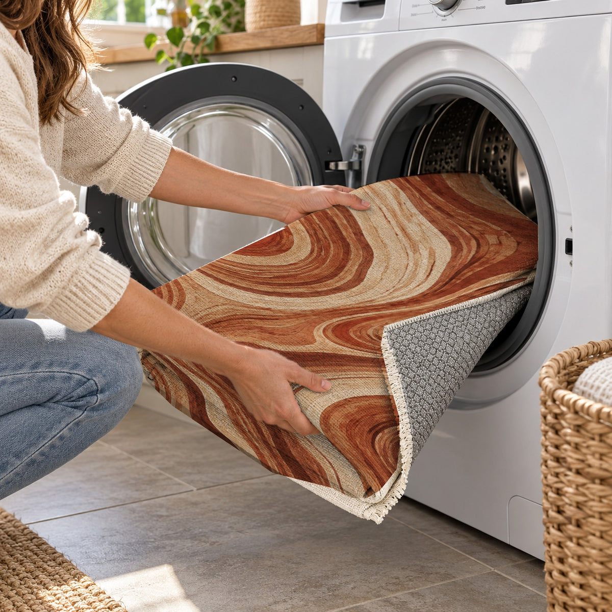 Growth Rings Terracotta Floral Washable Rug — washing machine