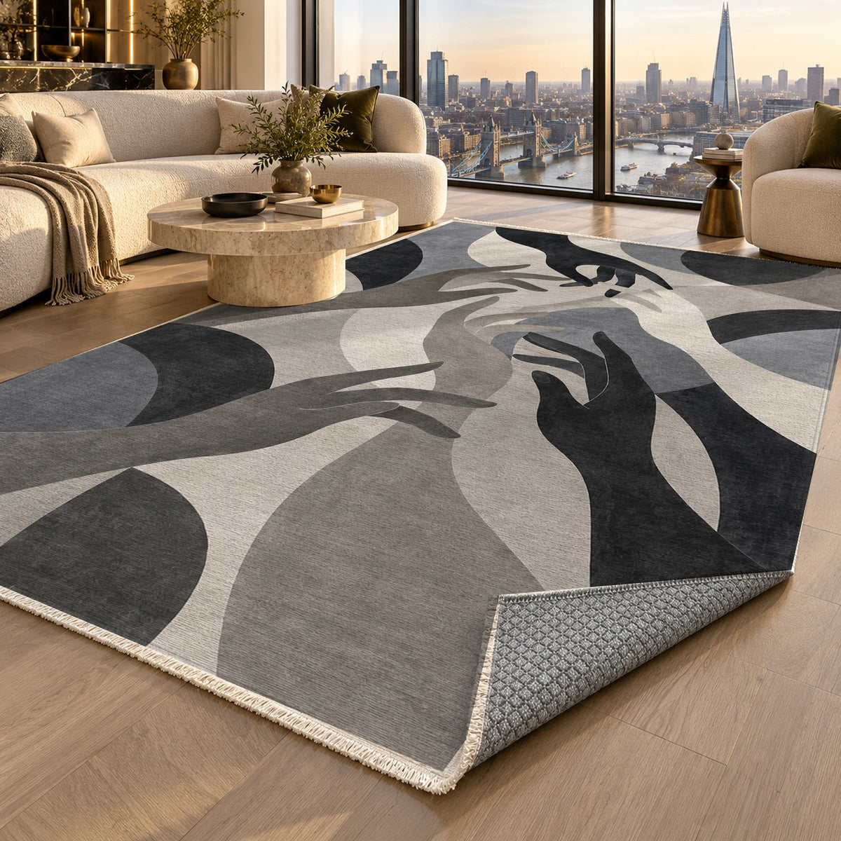 Hands In Harmony Charcoal Abstract Washable Rug — london luxury living