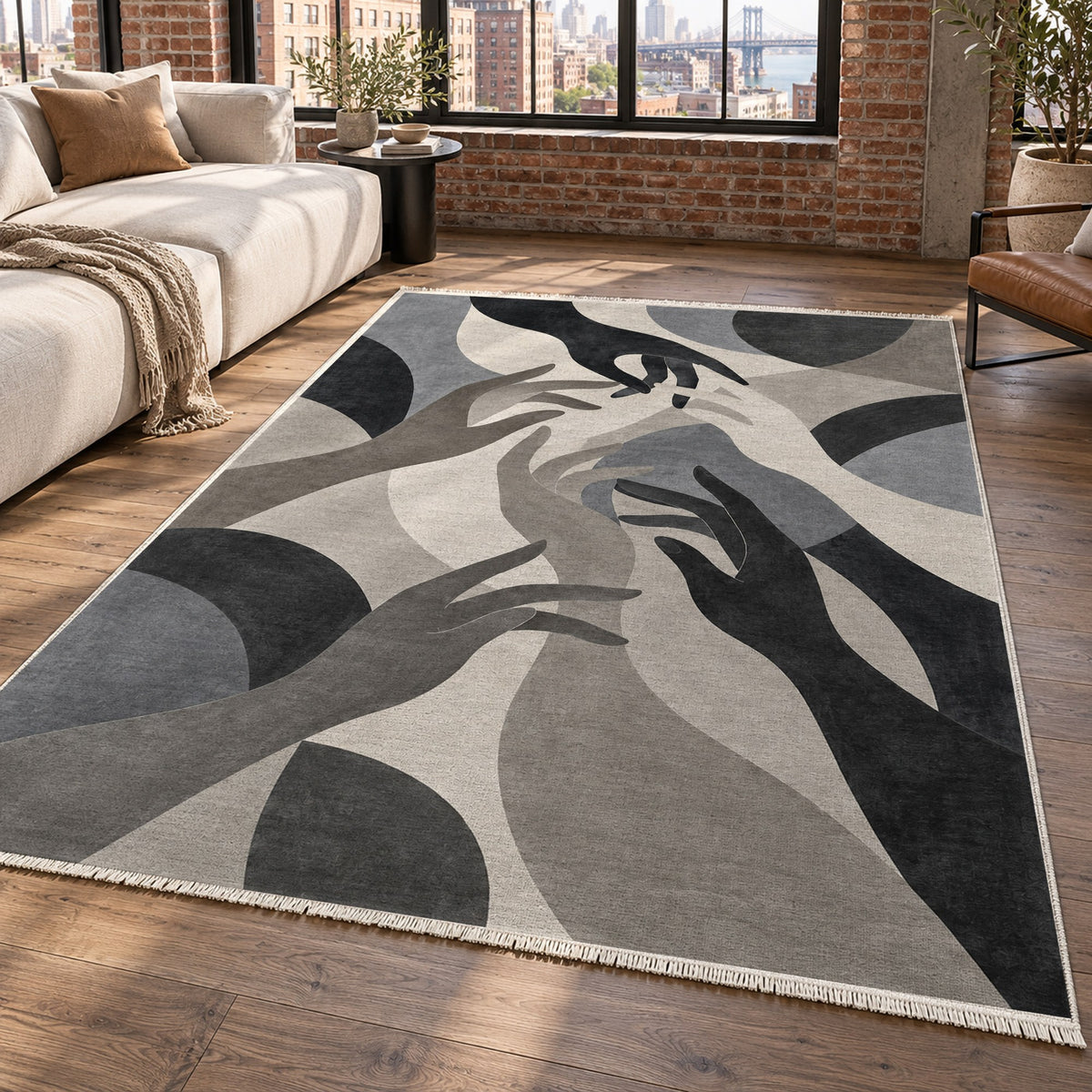 Hands In Harmony Charcoal Abstract Washable Rug — new york living