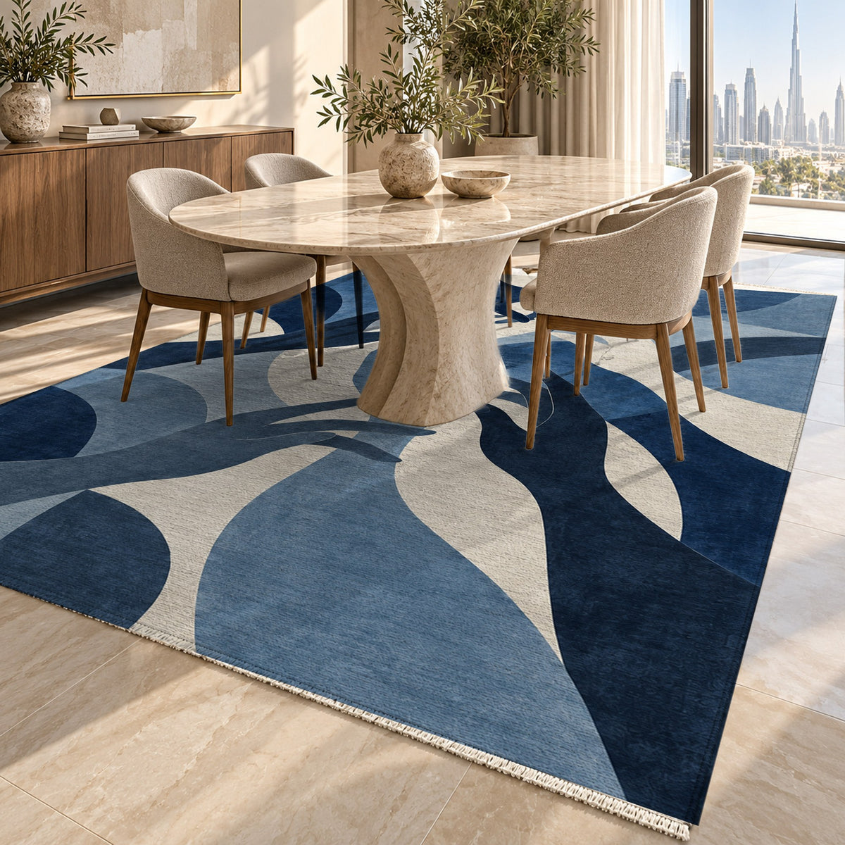 Hands In Harmony Indigo Abstract Washable Rug — dubai dining