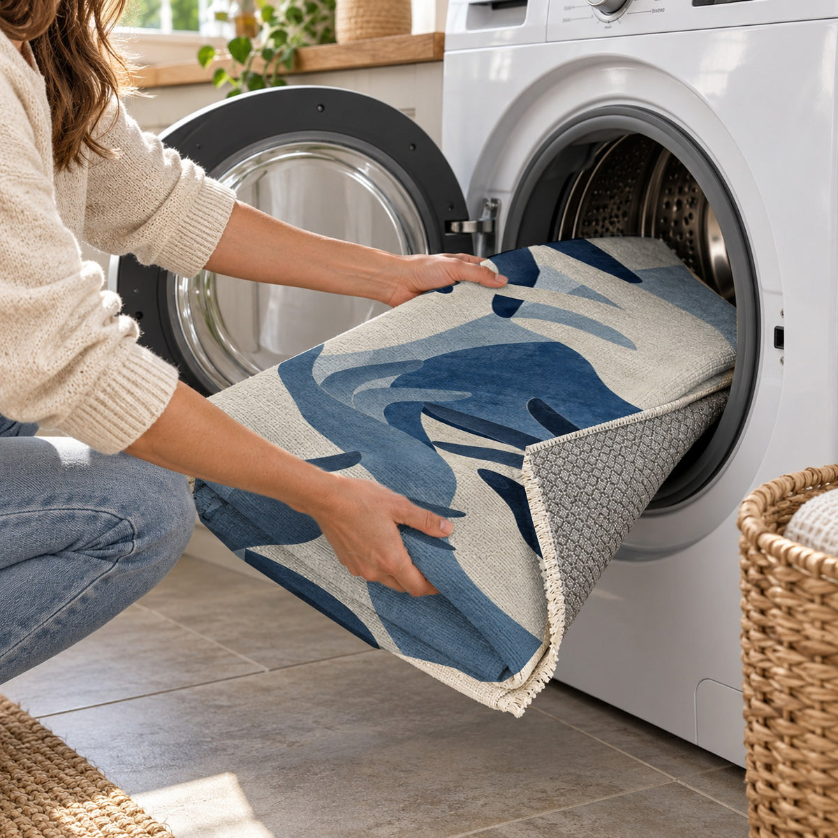 Hands In Harmony Indigo Abstract Washable Rug — washing machine