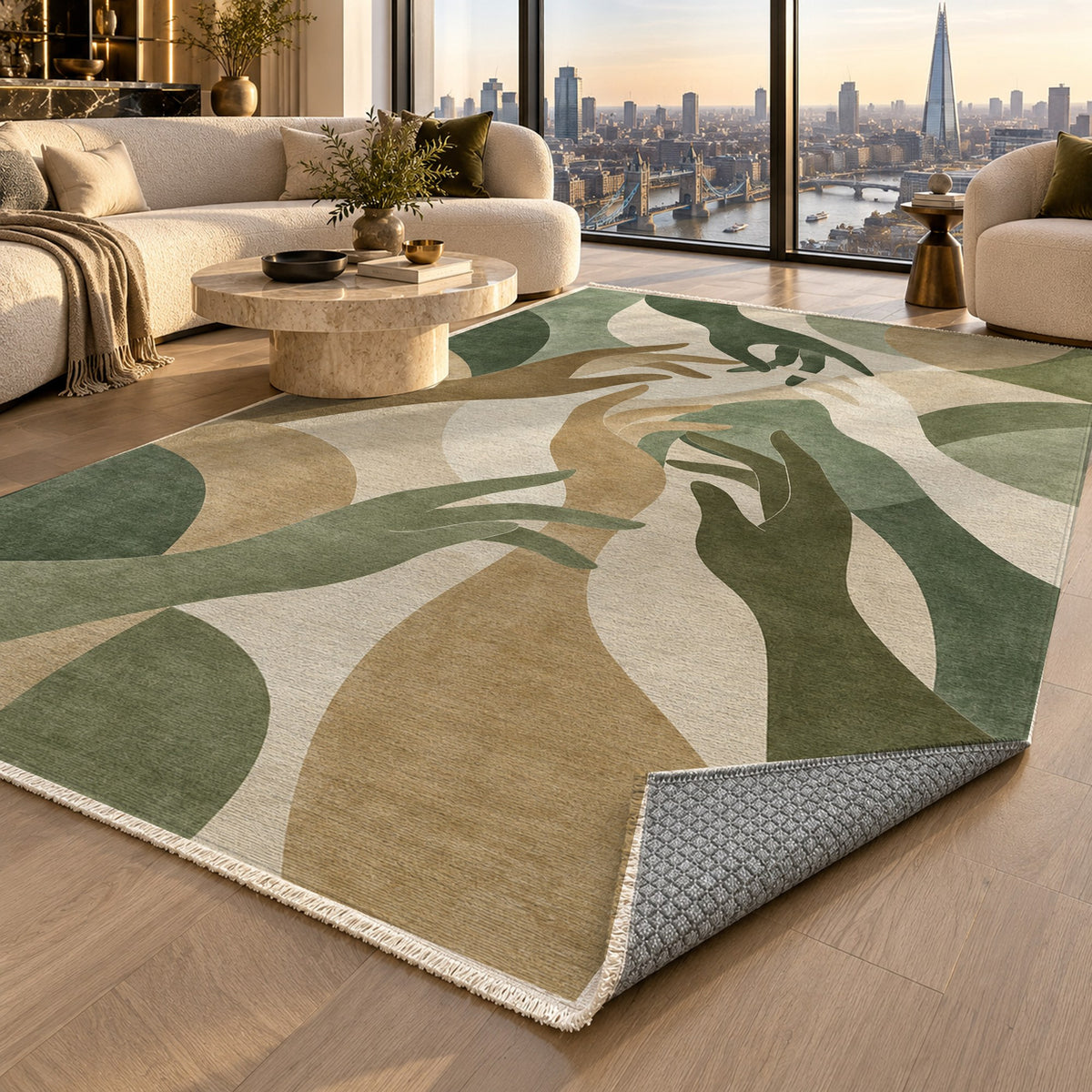 Hands In Harmony Sage Abstract Washable Rug — london luxury living