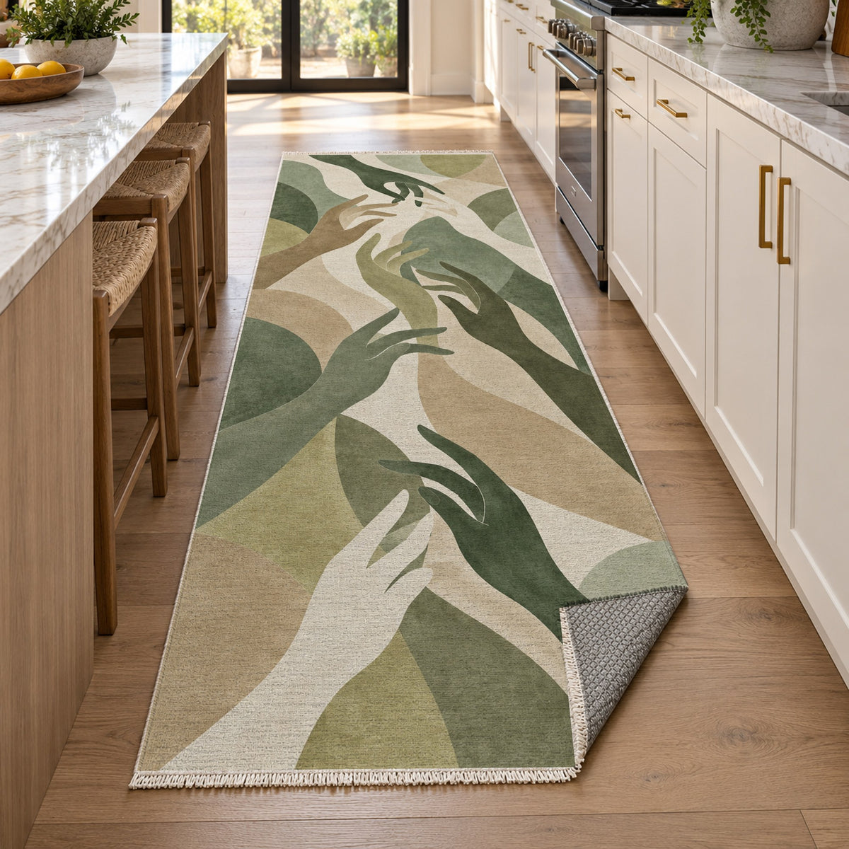 Hands In Harmony Sage Abstract Washable Rug — new york kitchen runner