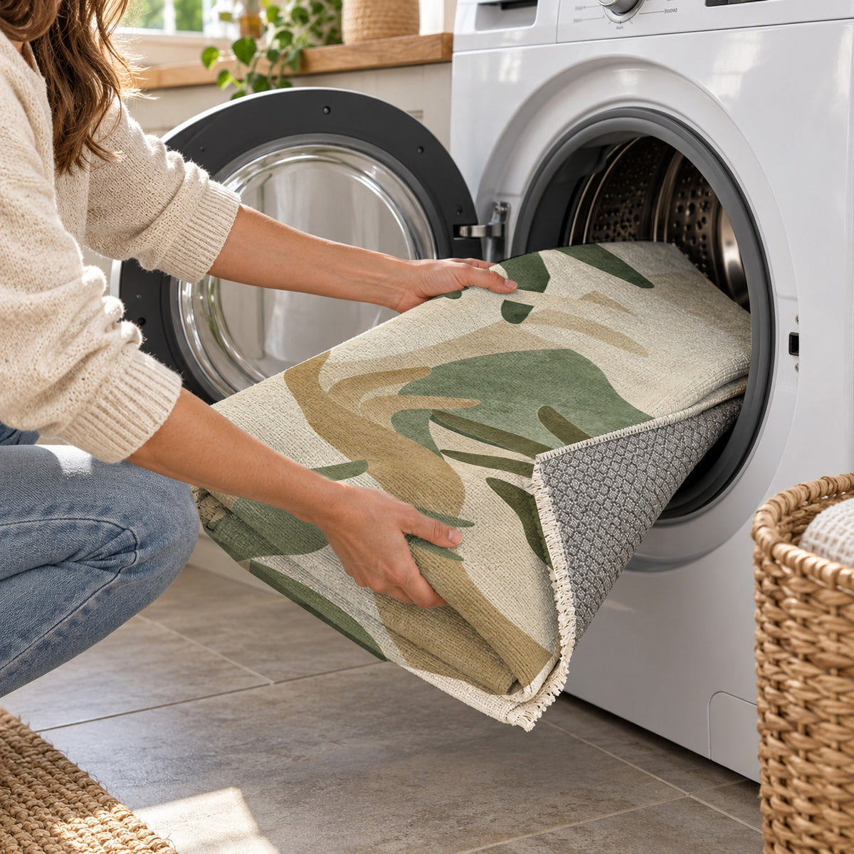 Hands In Harmony Sage Abstract Washable Rug — washing machine