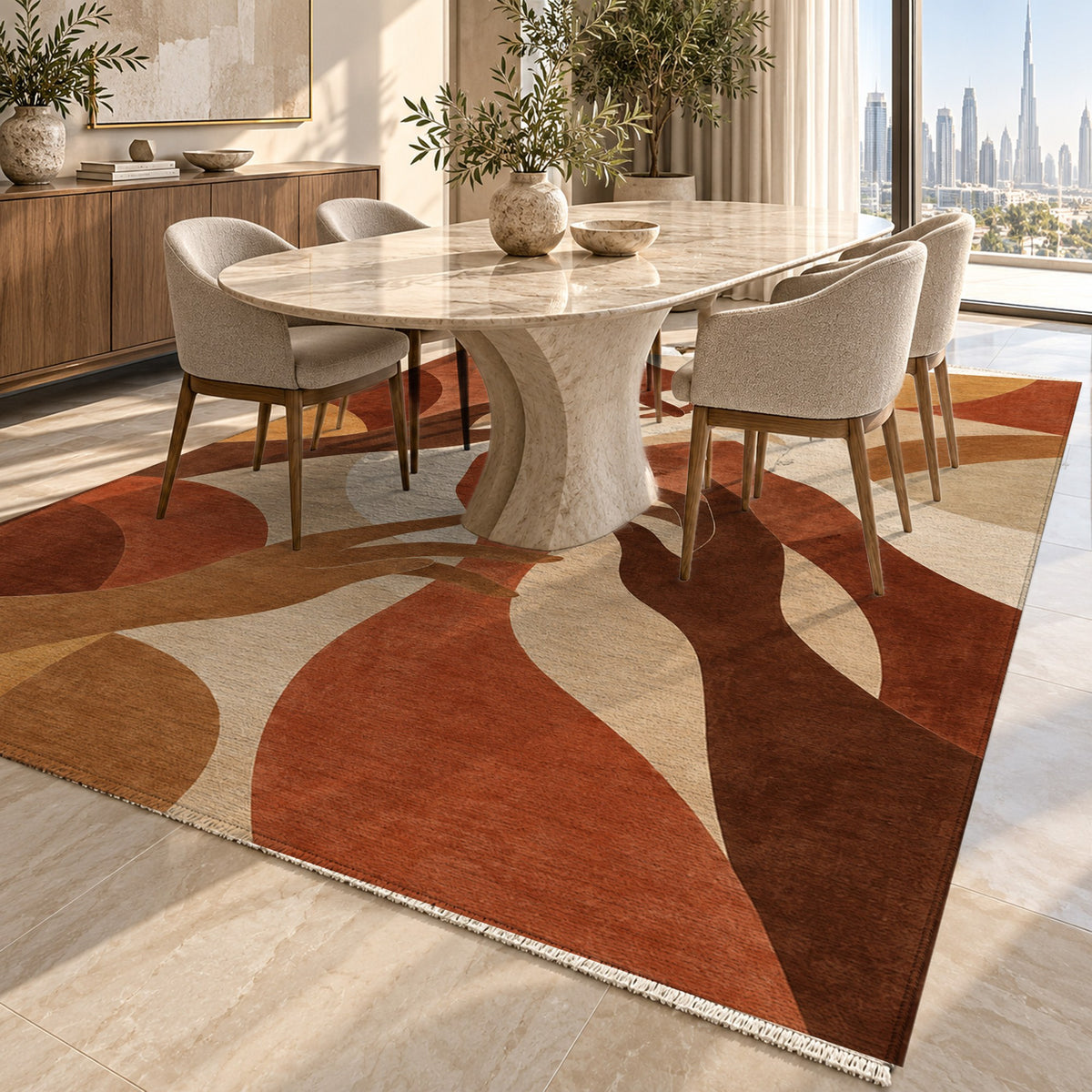 Hands In Harmony Terracotta Abstract Washable Rug — dubai dining