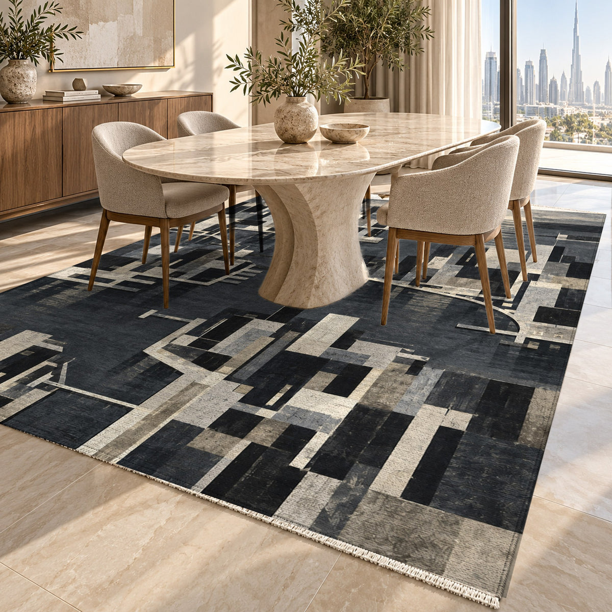Harbour Blocks Charcoal Modern Washable Rug — dubai dining