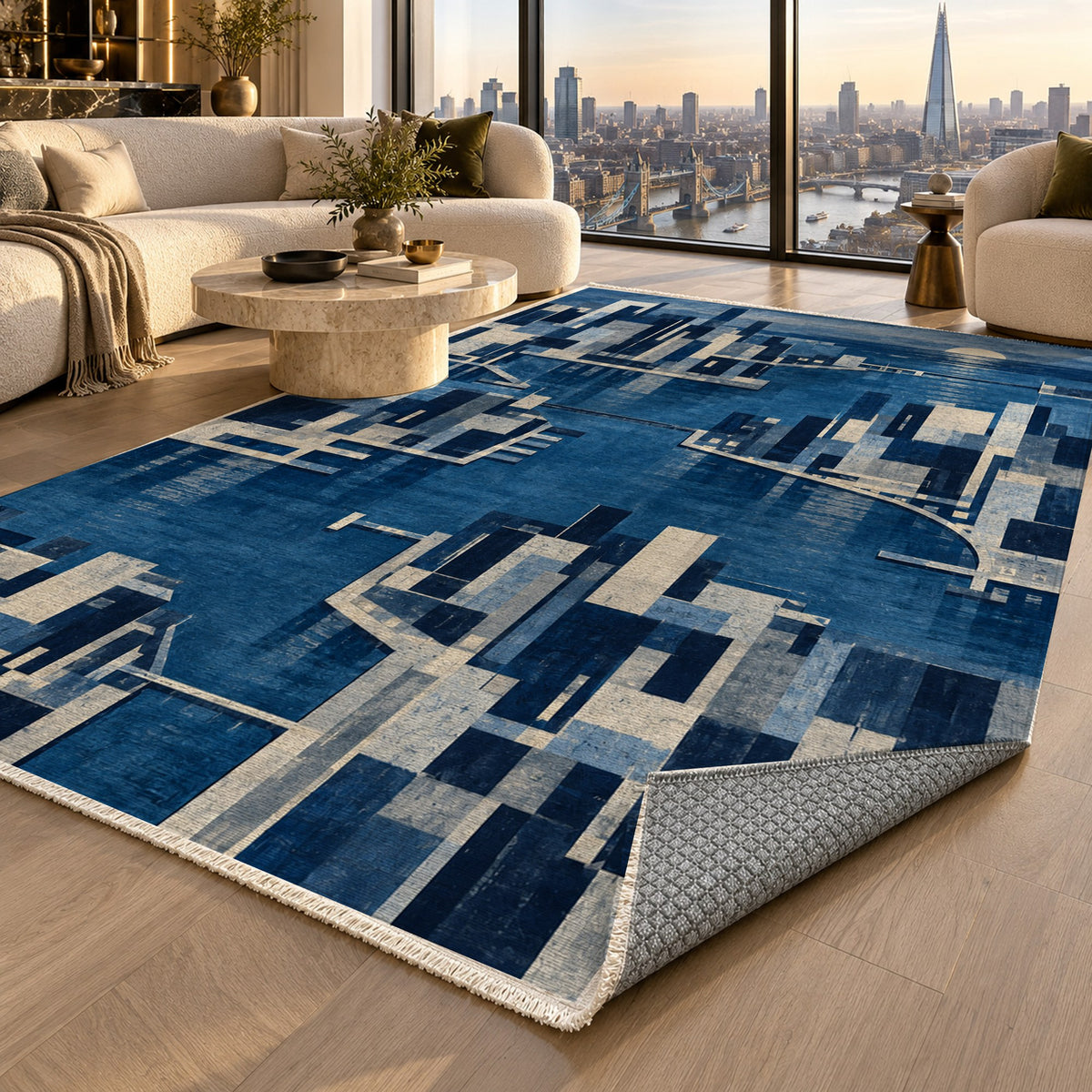 Harbour Blocks Indigo Modern Washable Rug — london luxury living
