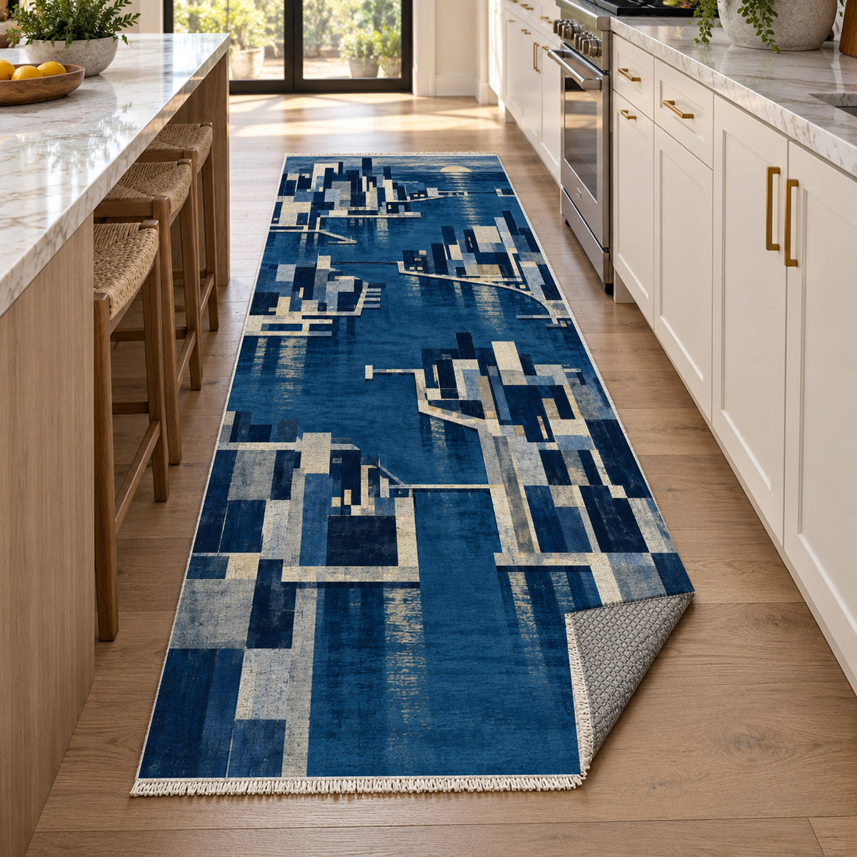 Harbour Blocks Indigo Modern Washable Rug — new york kitchen runner