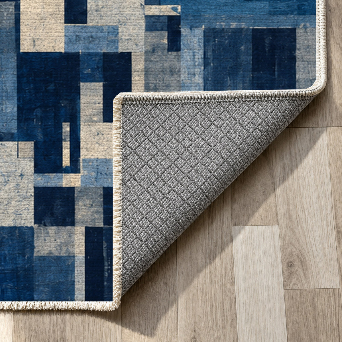 Harbour Blocks Indigo Modern Washable Rug — backing close up