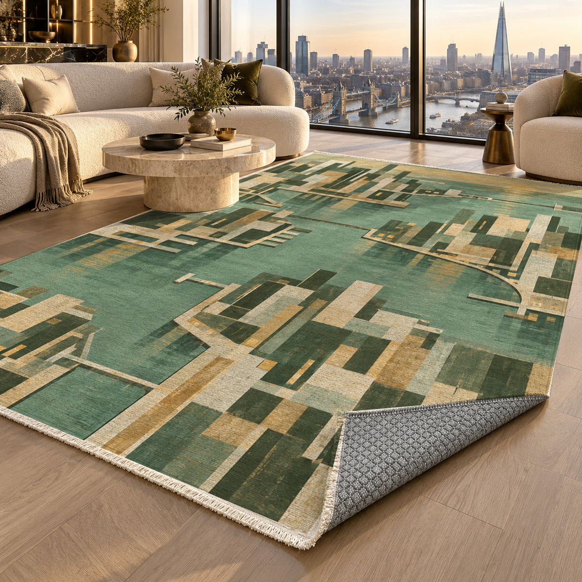 Harbour Blocks Sage Modern Washable Rug — london luxury living