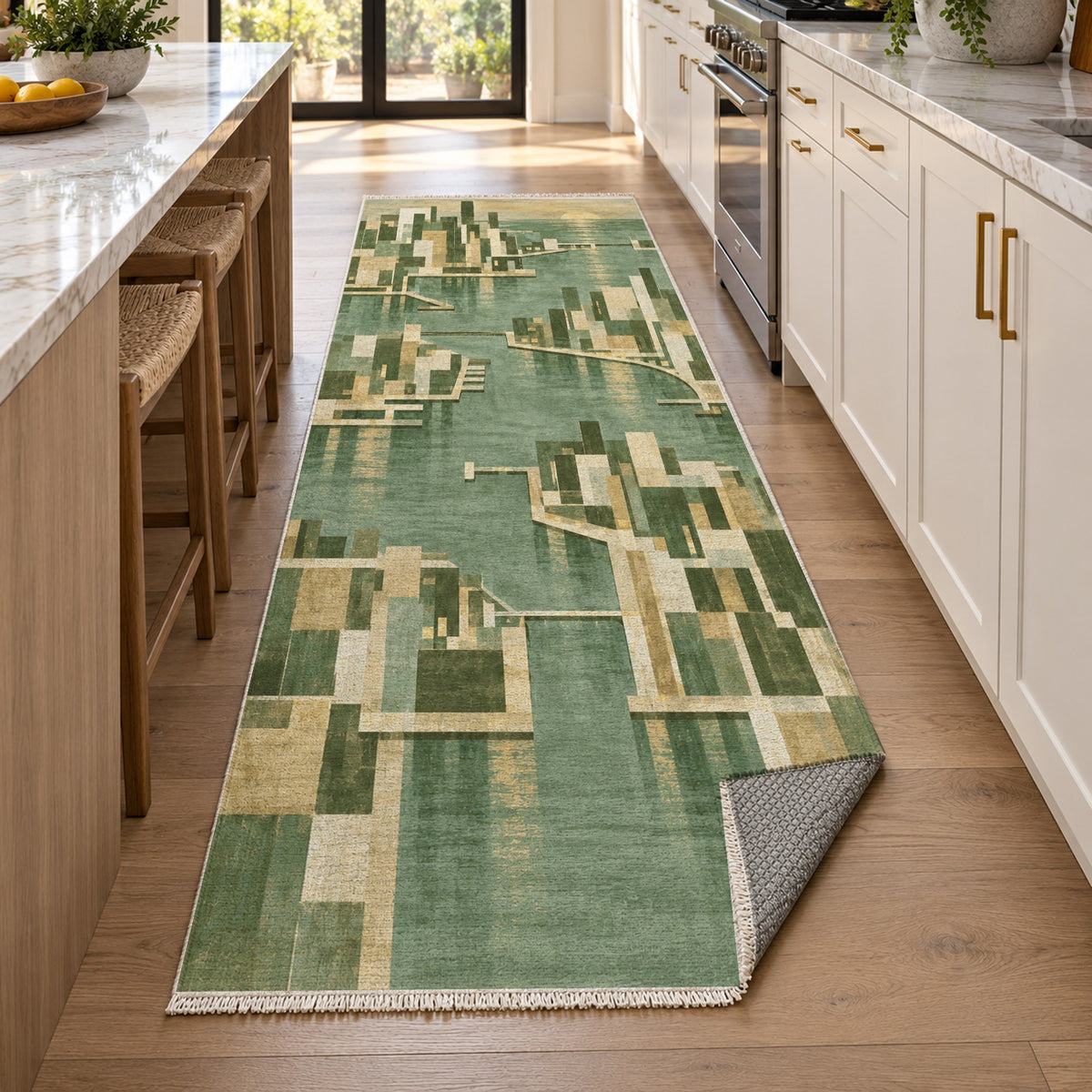 Harbour Blocks Sage Modern Washable Rug — new york kitchen runner