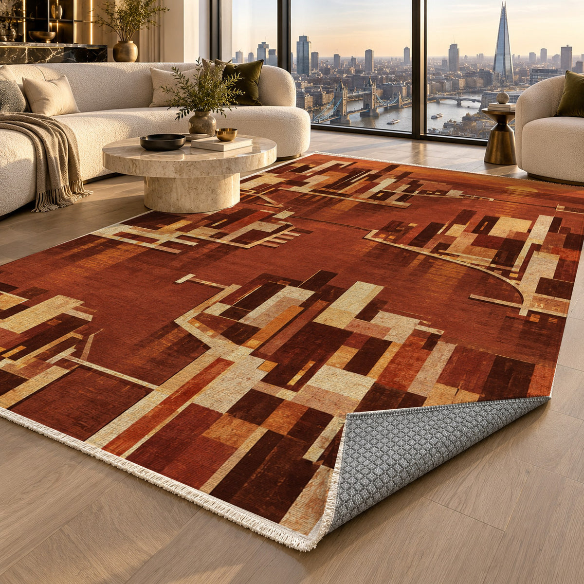 Harbour Blocks Terracotta Modern Washable Rug — london luxury living