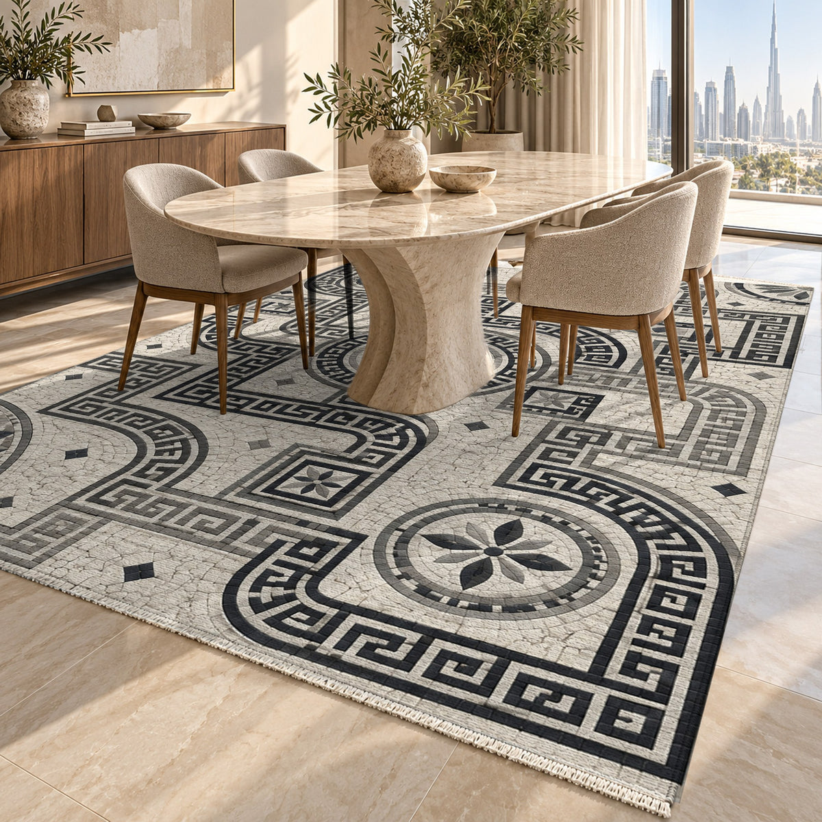 Hellenic Meander Charcoal Geometric Washable Rug — dubai dining
